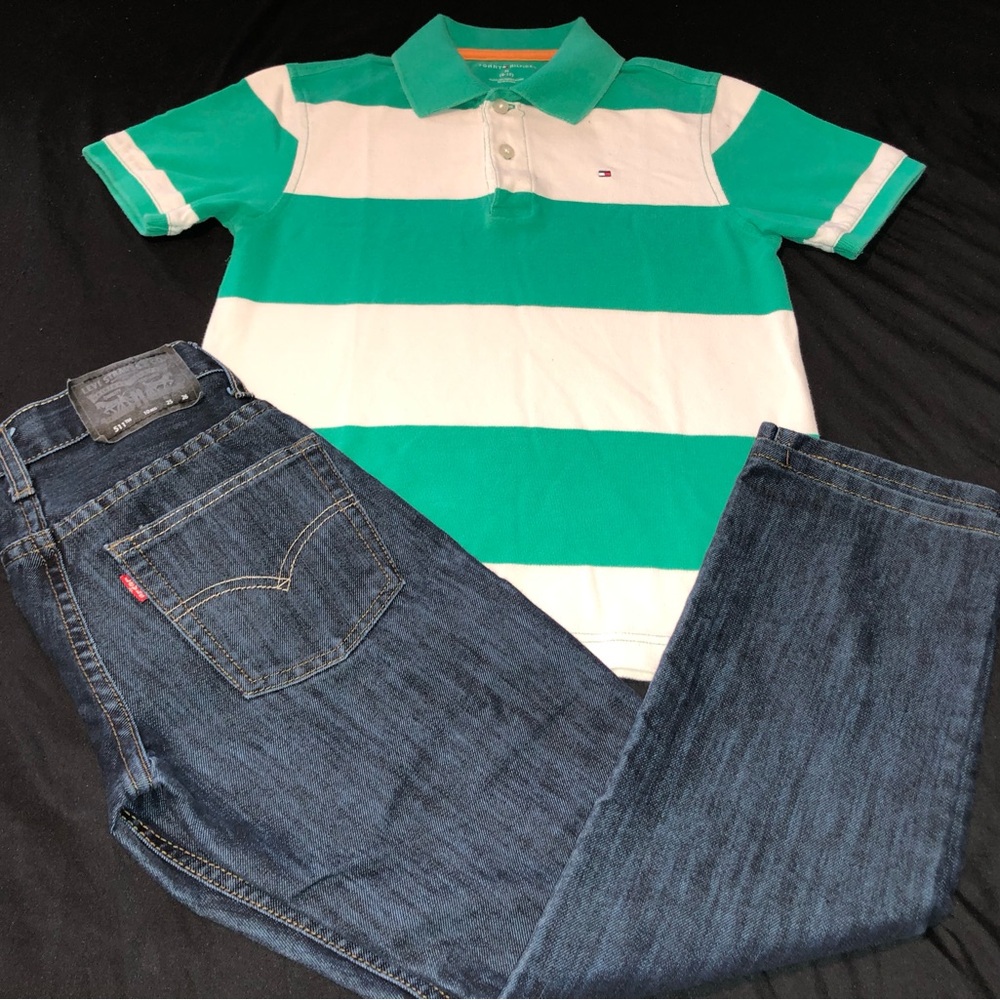 Boys Tommy Hilfiger Green and White Striped Polo Shirt with Levi Blue Jeans